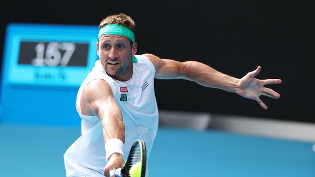 2020 Australian Open Tennis - Day Nine. Tennys Sandgren (USA) in action against Roger Federer (SUI) in their quarterfinal match on Rod Laver Arena. Picture: Mark Stewart