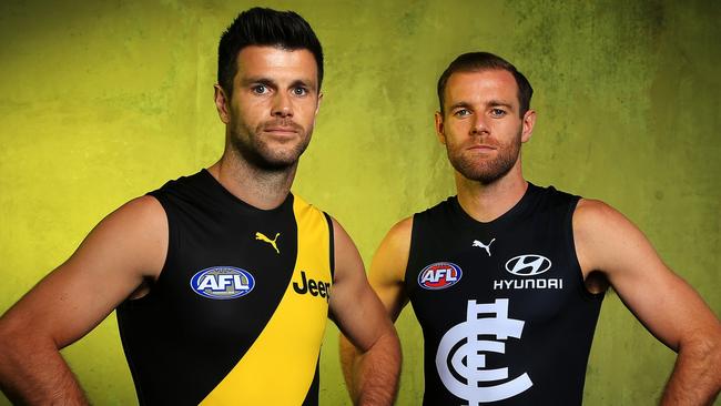 Richmond's Trent Cotchin and Carlton's Sam Docherty prepare to go head-to-head to the 2020 season’s inaugural match. Picture: Mark Stewart