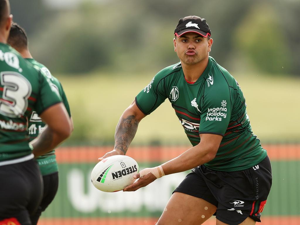 SYDNEY, AUSTRALIA – APRIL 09: Latrell Mitchell of the Rabbitohs passes during a South Sydney Rabbitohs NRL training session at USANA Rabbitohs Centre on April 09, 2024 in Sydney, Australia. (Photo by Matt King/Getty Images)