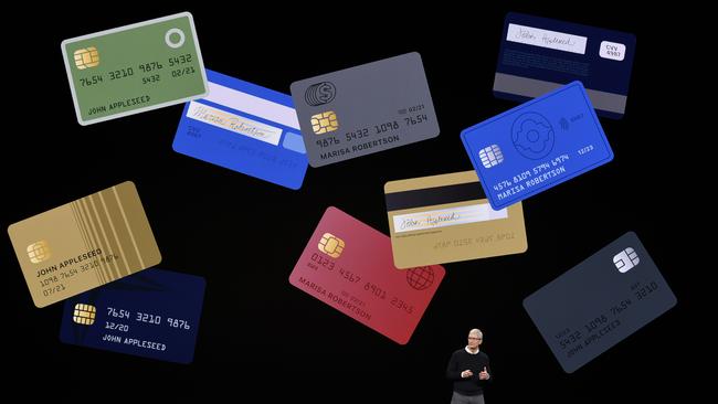 Apple CEO Tim Cook launches the Apple credit card in California. Picture: AFP