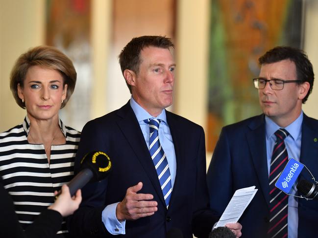 Minister for Employment Michaelia Cash, Minister for Social Services Christian Porter and Minister for Human Services Alan Tudge at a press conference at Parliament House in Canberra, Thursday, May 11, 2017. (AAP Image/Mick Tsikas) NO ARCHIVING