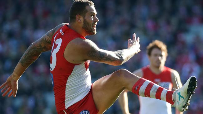 Lance Franklin lets fly against Richmond. Picture: George Salpigtidis