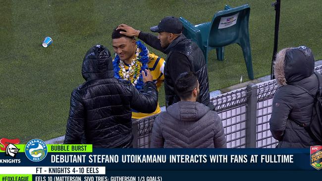 Stefano Utoikamanu caused a stir when he greeted family and friends after his debut match. Picture: Fox League