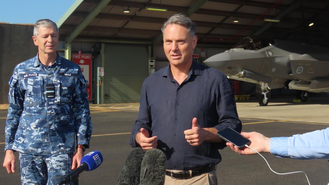 Air Vice-Marshall Glen Braz (left) and Defence Minister Richard Marles at RAAF Base Darwin. Picture: Harry Brill.