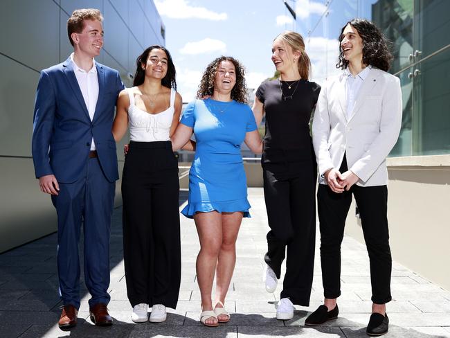 William Cassell (left) from Barrenjoey High School, with Emma Briand, Kincoppal Rose Bay, Liana Zerafa, Gilroy Catholic College, Mia Young, Loreto Kirribilli and Zayn Boulad, Alpha Omega Senior College, at the HSC 2022 First in Course Awards at UNSW in Kingsford last Wednesday. Picture: Tim Hunter.