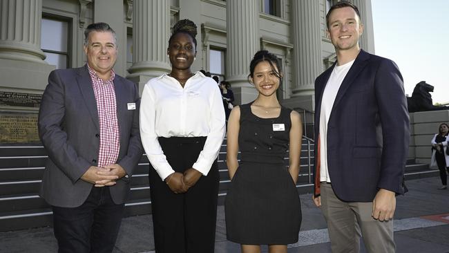 Deputy mayor Anthony Aitken and mayor Trent Sullivan with Geelong Youth Council deputy junior mayor Mercy Antanasio and junior mayor Hteemoo Yohellaymusaw.