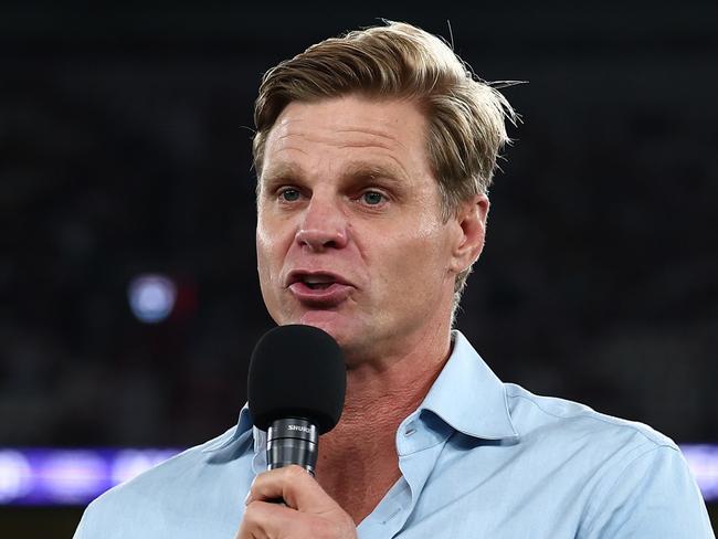 MELBOURNE, AUSTRALIA - MARCH 29: Nick Riewoldt speaks as a part of Maddie's Match ahead of the round three AFL match between St Kilda Saints and Richmond Tigers at Marvel Stadium, on March 29, 2025, in Melbourne, Australia. (Photo by Morgan Hancock/AFL Photos/via Getty Images)