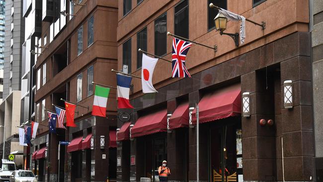 Quarantine breaches at hotels including the Stamford Plaza in Melbourne’s CBD, pictured, have been identified as sources of outbreaks: AFP