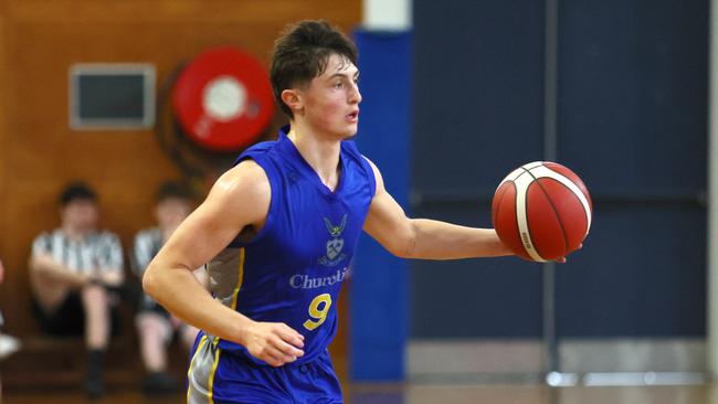 Action from the GPS basketball round 1 match between Brisbane State High and Churchie. Pictured is Churchies Caleb Cronin. Picture: Tertius Pickard