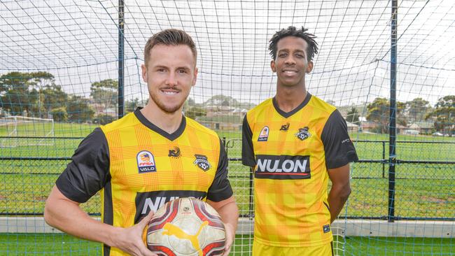 Seaford Rangers recruits Jarrod Smalley and Jumar Oakley. Picture: AAP/Brenton Edwards