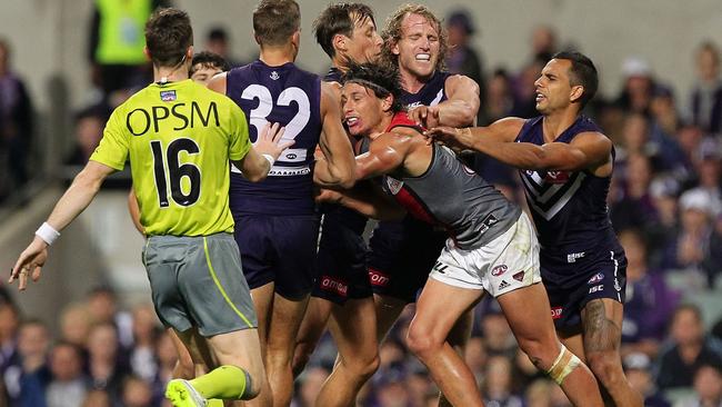 Bomber Mark Baguley in the thick of the action. Picture: Getty