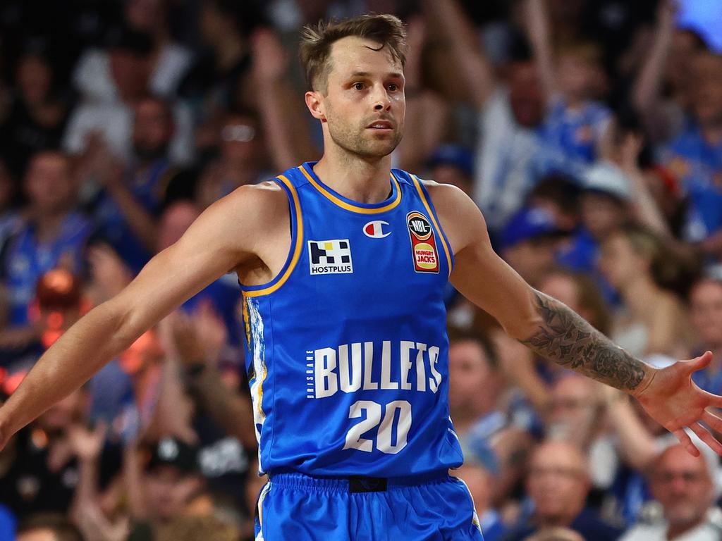 Nathan Sobey celebrates after dropping a career-high 37 points in a big win over the Adelaide 36ers. Picture: Chris Hyde/Getty Images.