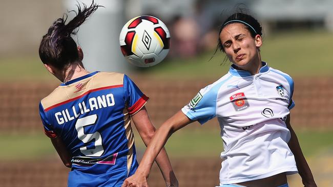 Jets player Arin Gilliland contests the header against Sydney FC’s Leena Khamis.