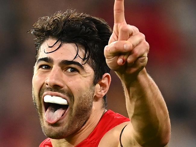 MELBOURNE, AUSTRALIA - APRIL 18: Christian Petracca of the Demons celebrates kicking a goal during the round five AFL match between the Hawthorn Hawks and the Melbourne Demons at Melbourne Cricket Ground on April 18, 2021 in Melbourne, Australia. (Photo by Quinn Rooney/Getty Images) *** BESTPIX ***