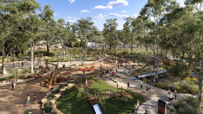 Artist renders of Walker’s Appin bushland play area, which will go alongside the development of about 9000 homes in Sydney’s southwest. Picture: Supplied