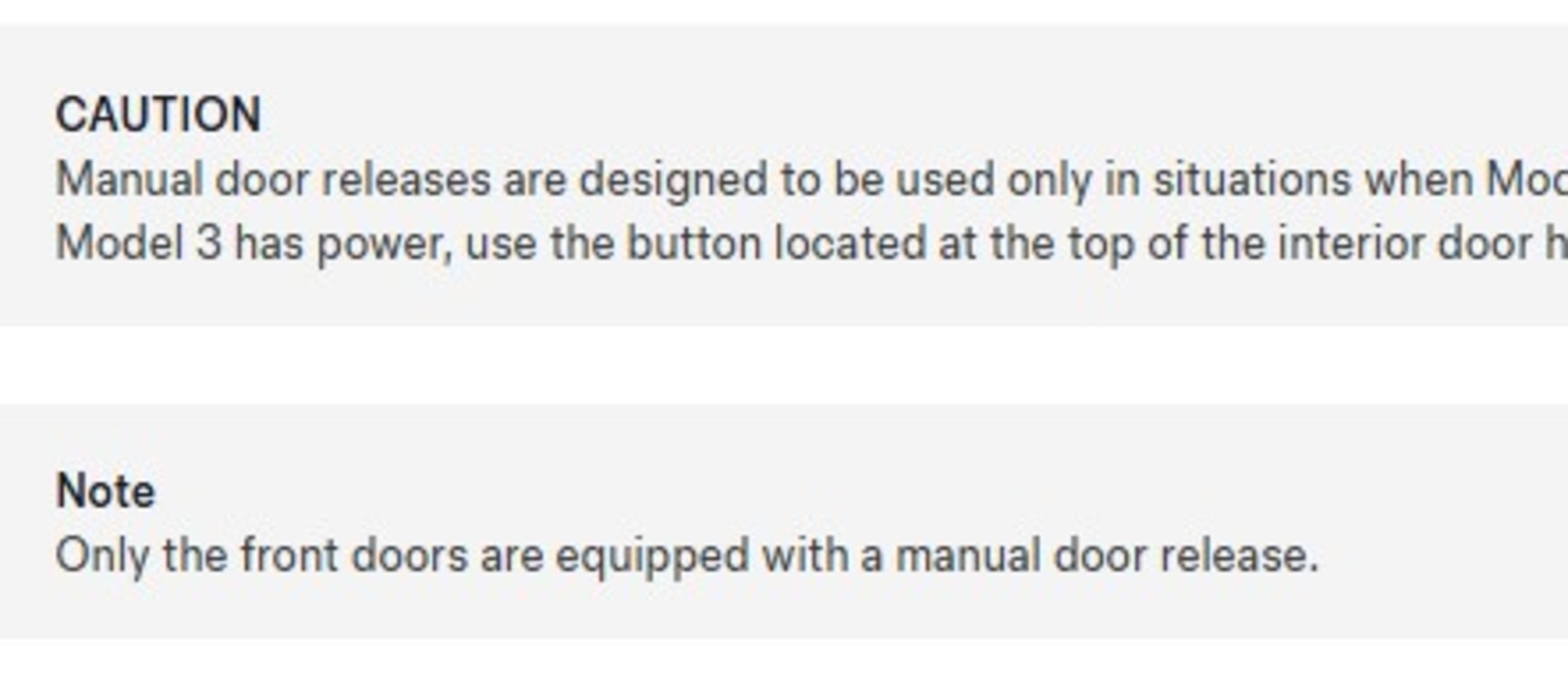 Tesla Model 3 manual (2017-2023) – "Only the front doors are equipped with a manual door release."