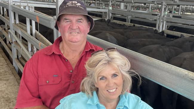 Marty and Lou Gleeson from Carrahil at Clarendon sold a line of 69 Angus weaner steers to a top of $2000 at the Ballarat grown and weaner steer sale.  Picture: Petra Oates