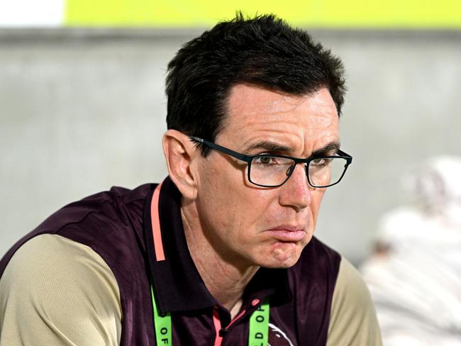 SUNSHINE COAST, AUSTRALIA - FEBRUARY 18: Football & Performance Director for the Brisbane Broncos Ben Ikin watches on during the warm up before the NRL Trial Match between the Brisbane Broncos and the North Queensland Cowboys at Sunshine Coast Stadium on February 18, 2023 in Sunshine Coast, Australia. (Photo by Bradley Kanaris/Getty Images)