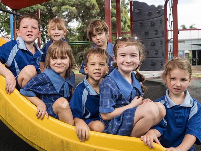 MY FIRST YEAR 2024: Grantham State School Prep students (from left) Bryce, Evie (front), Lilly, Elijah, Kaiann, Aurelia and Brooklyn, Wednesday, February 14, 2024. Picture: Kevin Farmer