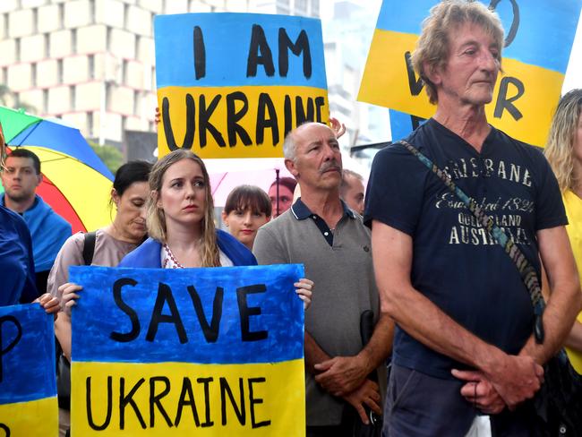 BRISBANE, AUSTRALIA - NewsWire Photos FEBRUARY 25, 2022:  Protest rally at Brisbane's King George Square in relation to the Russian invasion of Ukraine.Picture: NCA NewsWire / John Gass