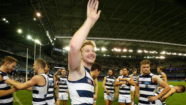 MELBOURNE, AUSTRALIA — APRIL 02: George Horlin-Smith of the Cats thanks fans during the 2017 AFL round 02 match between the Geelong Cats and the North Melbourne Kangaroos at Etihad Stadium on April 02, 2017 in Melbourne, Australia. (Photo by Adam Trafford/AFL Media/Getty Images)