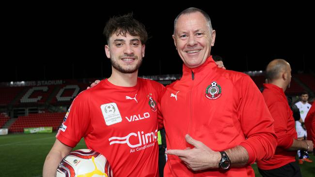 Campbelltown City’s SA NPL hat-trick grand final hero Marco Marino with coach Joe Mullen at Hindmarsh Stadium. Marino is in high demand for 2020. (AAP/Emma Brasier)