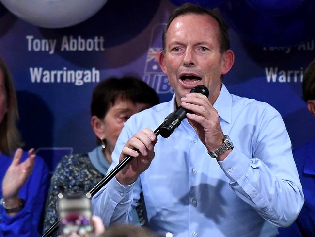 Former Prime Minister and Warringah Liberal candidate Tony Abbott concedes defeat at Manly Leagues Club in Brookvale. Picture: Bianca De Marchi