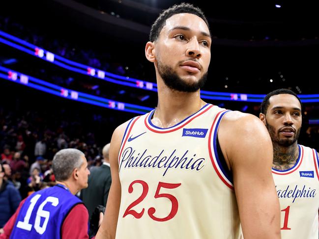 PHILADELPHIA, PENNSYLVANIA - DECEMBER 25: Ben Simmons #25 of the Philadelphia 76ers looks on after the game against the Milwaukee Bucks at Wells Fargo Center on December 25, 2019 in Philadelphia, Pennsylvania. The Philadelphia 76ers won 121-109. NOTE TO USER: User expressly acknowledges and agrees that, by downloading and or using this photograph, User is consenting to the terms and conditions of the Getty Images License Agreement.   Sarah Stier/Getty Images/AFP == FOR NEWSPAPERS, INTERNET, TELCOS & TELEVISION USE ONLY ==