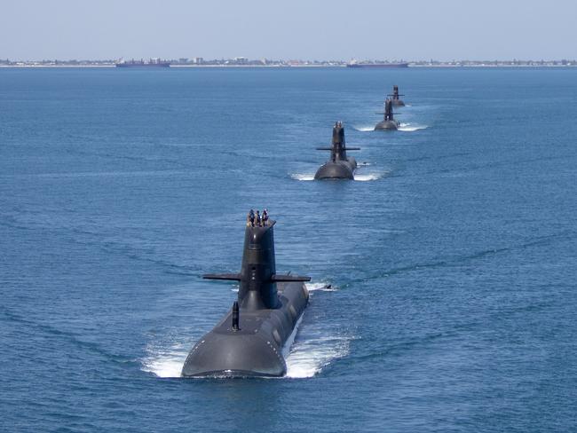 Collins Class submarines HMAS Collins, HMAS Farncomb, HMAS Dechaineux and HMAS Sheean in formation while transiting through Cockburn Sound, Western Australia. Collins Class submarines are an essential part of Australia’s naval capability, providing a strategic advantage in terms of surveillance and protection of our maritime approaches. *** Local Caption *** Royal Australian Navy Collins Class Submarines, HMAS Collins, HMAS Farncomb, HMAS Dechaineux and HMAS Sheean sail in formation while transiting through Cockburn Sound, Western Australia, in February 2019. Picture: Royal Australian Navy