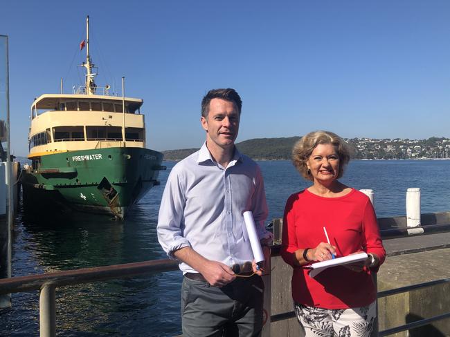 Shadow Transport Minister Chris Minns and Cr Candy Bingham, who spearheaded a campaign to save all four Manly ferries. Picture: Julie Cross