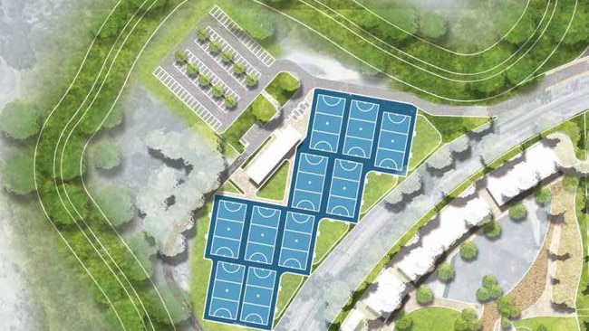 An areal view of the proposed designs that would see 10 netball courts built and 101 new parking spaces added. Picture: Supplied