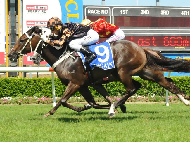 Jockey Jag Guthmann-Chester rode the Bruce Hill-trained Wicked Knickers to victory in the QTIS Two-Years-Old Handicap (900m) on the Gold Coast on Saturday, February 11. Photo credit: Jessica Hawkins, Trackside Photography.