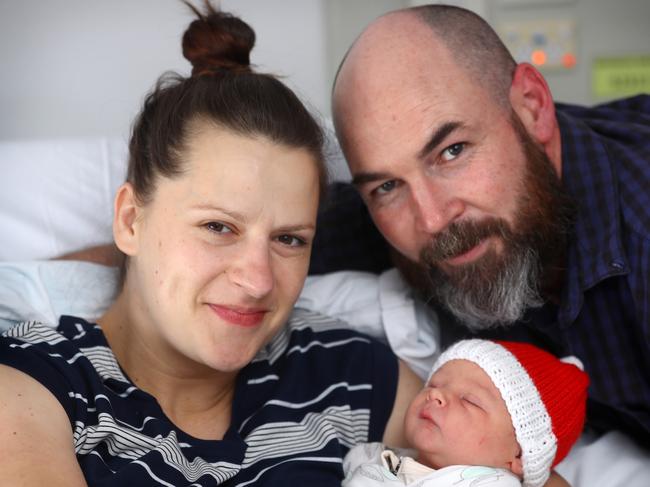 Christmas Day baby born just after midnight at University Hospital Geelong. Baby Luka with his mum Kat Polanec and dad Daniel Merrigan.picture: Glenn Ferguson