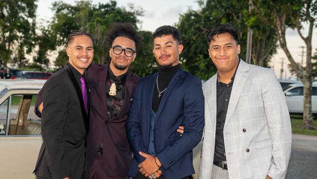 Tyruss Crunlinski, Tui Onekawa, Nasziah Scwell-Gardner and Cory Samson at Mackay State High School formal 2022.Picture: Michaela Harlow