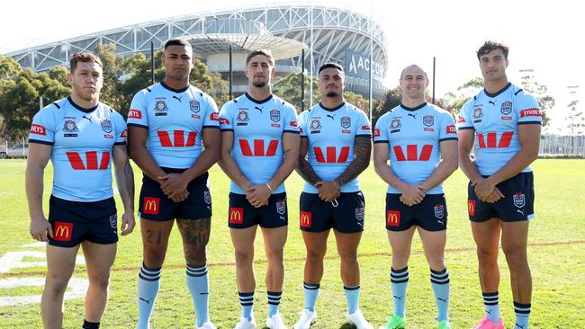 Blues debutants: (L-R) Cameron McInnes, Haumole Olakau'atu, Zac Lomax, Spencer Leniu, Dylan Edwards and Joseph-Aukuso Suaalii. Picture: Matt King/Getty Images