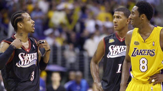 Philadelphia 76ers Allen Iverson argues with the Los Angeles Lakers Kobe Bryant at the end of Game 2 of the NBA Finals in Los Angeles. Picture: AP