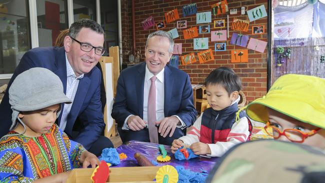 Victorian Premier Daniel Andrews with Bill Shorten at a preschool in Melbourne yesterday. Picture: AAP