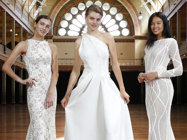 Models Matisse Waight, Lottie Aaron and Crystal Ngo at the Royal Exhibition Building. Picture: David Caird