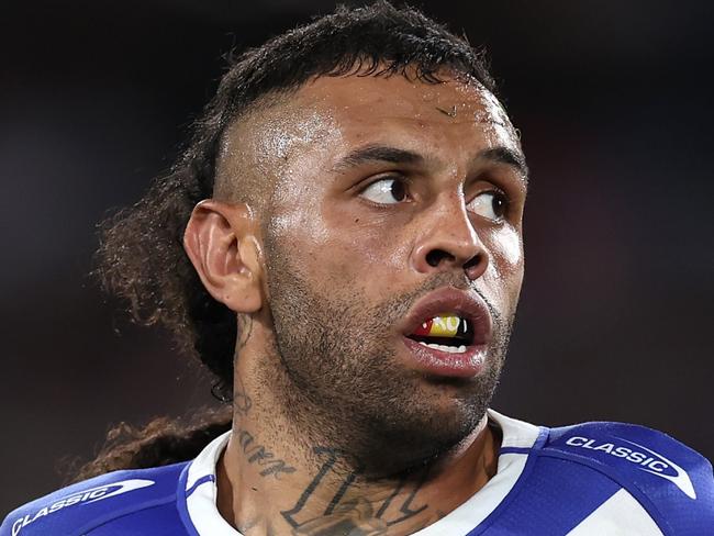 SYDNEY, AUSTRALIA - AUGUST 30:  Josh Addo-Carr of the Bulldogs looks on during the round 26 NRL match between Canterbury Bulldogs and Manly Sea Eagles at Accor Stadium on August 30, 2024, in Sydney, Australia. (Photo by Cameron Spencer/Getty Images)