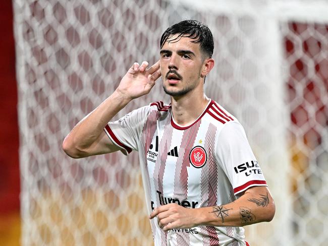 Nicolas Milanovic celebrates after thinking he had scored for the Wanderers only for an offiside ruling denying him a goal. Picture: Bradley Kanaris/Getty Images