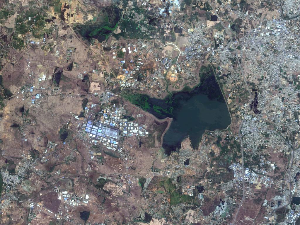 A June 15, 2018 satellite image provided shows Chembarambakkam Lake in Chennai. Picture: Copernicus Sentinel-2 Satellite Image/Maxar Technologies via AP