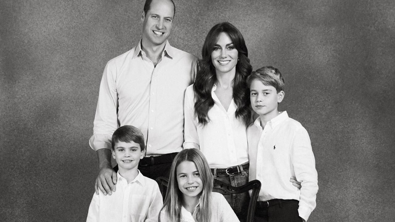 Prince William, Prince of Wales and Catherine, Princess of Wales pose with their three children Prince George, Princess Charlotte and Prince Louis in their 2023 Christmas card photo. Picture: Josh Shinner/Kensington Palace via Getty Images