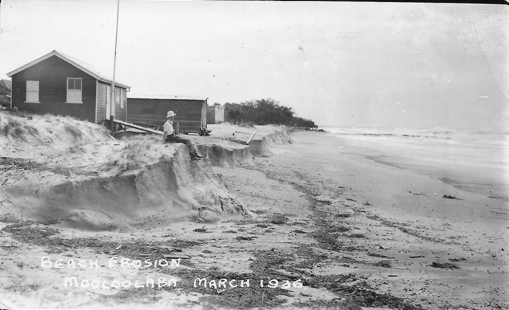 Beach erosion 1936, the lifesavers' clubhouse nearly lost. (Courtesy: Len Olive from Gertrude Clarke collection)