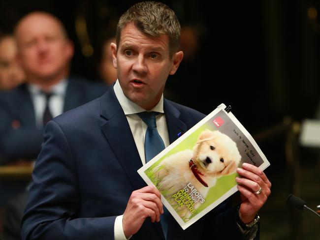 Premier Mike Baird holds photo of puppy as he answers questions from the Opposition on the greyhound ban during Question Time / Picture: Cameron Richardson