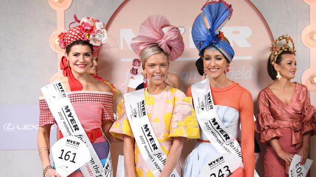 Myer Fashions on the Field top three (left to right) Olivia Moore, third, Holly Stearnes, winner, and Carle Rutledge, second. Picture: AAP