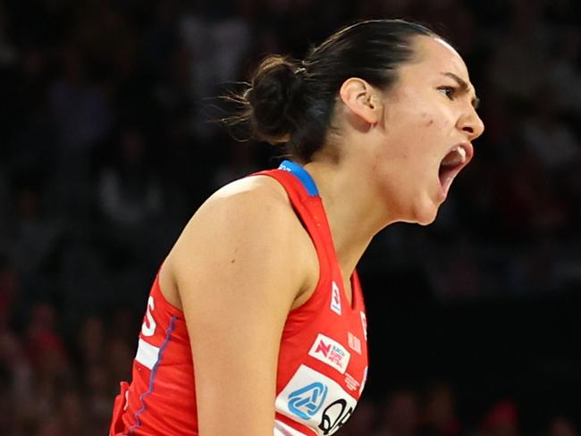 MELBOURNE, AUSTRALIA - JULY 08: Sophie Fawns of the Swifts reacts during the 2023 Super Netball Grand Final match between Adelaide Thunderbirds and NSW Swifts at John Cain Arena on July 08, 2023 in Melbourne, Australia. (Photo by Graham Denholm/Getty Images)
