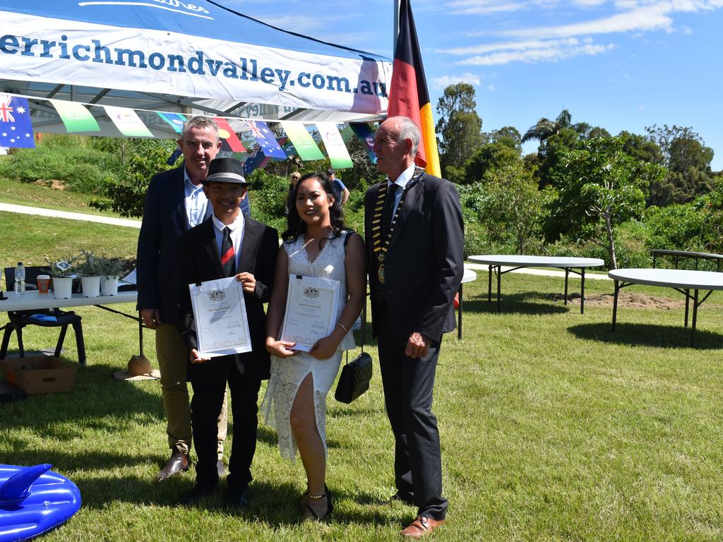 Afrel Newman and her son, John Libiran, with Page MP Kevin Hogan and Richmond Valley Council mayor Robert Mustow at the citizenship ceremony.