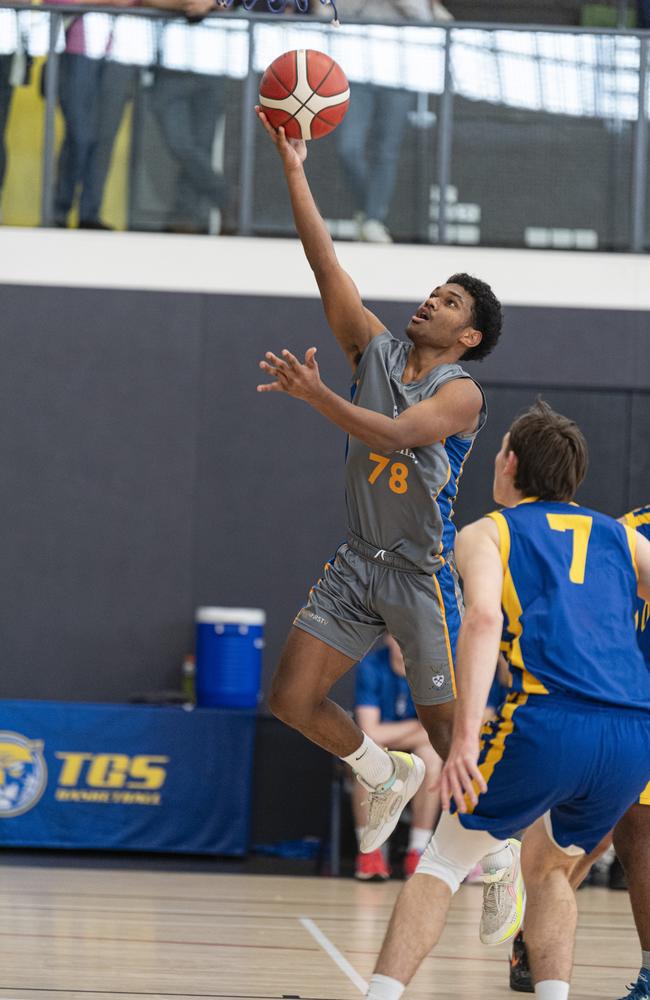 Noah Kirk of Churchie 1st V against Toowoomba Grammar School 1st V in Round 4 GPS basketball at Toowoomba Grammar School, Saturday, August 3, 2024. Picture: Kevin Farmer