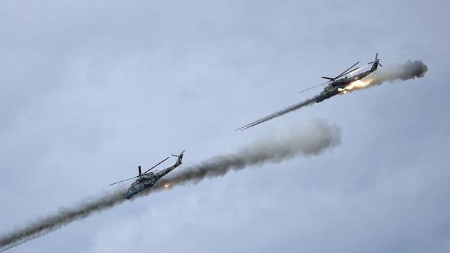 Helicopters during joint exercises of the armed forces of Russia and Belarus. Picture: AFP