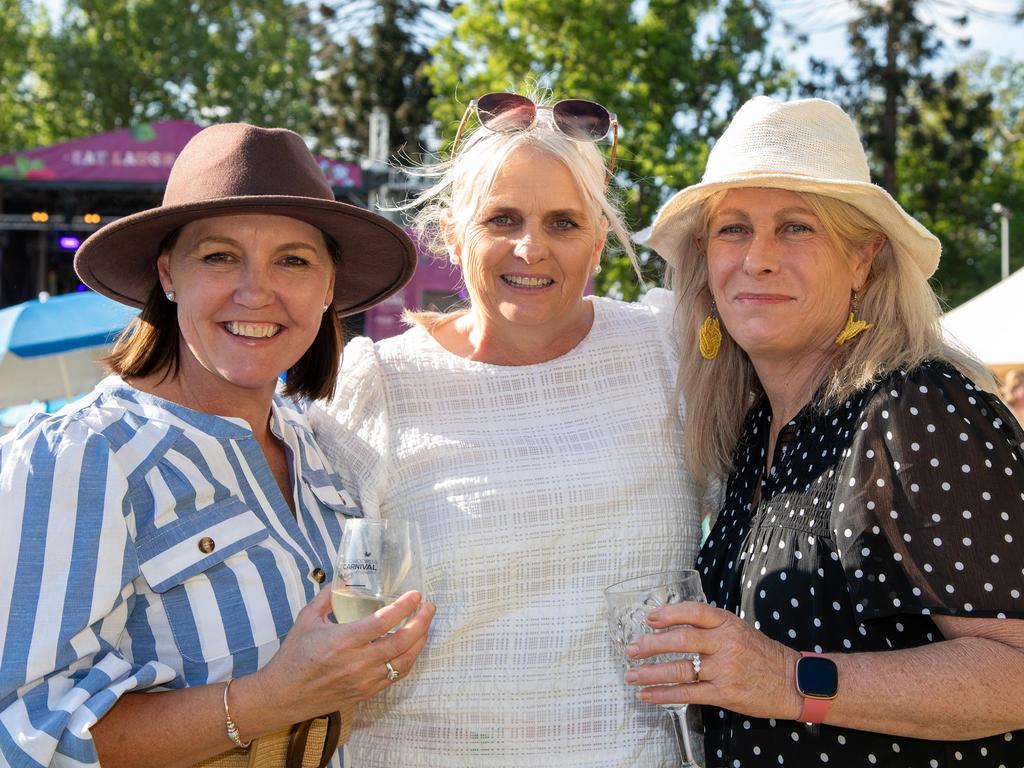 Julie Robinson (left), Sue Edwards and Sandy Bowyer at the Toowoomba Carnival of Flowers Festival of Food and Wine, Sunday, September 15, 2024. Picture: Bev Lacey